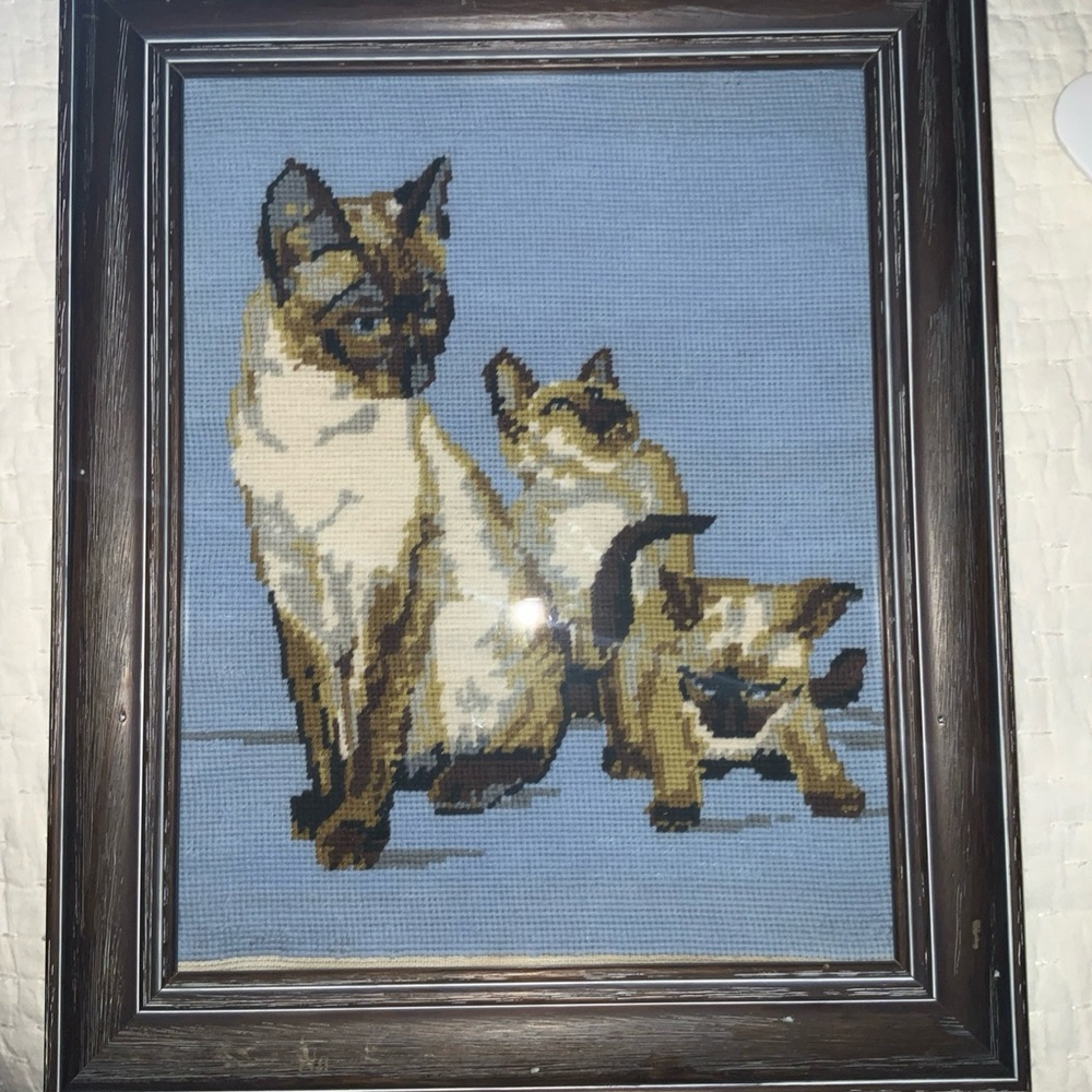Vintage Handcrafted Cross Stitched Siamese Cat Framed Folk Art  17.5” X 14.5”